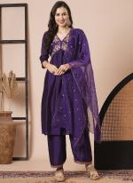 Vichitra Silk Purple Festival Wear Embroidery Work Readymade Kurti Set